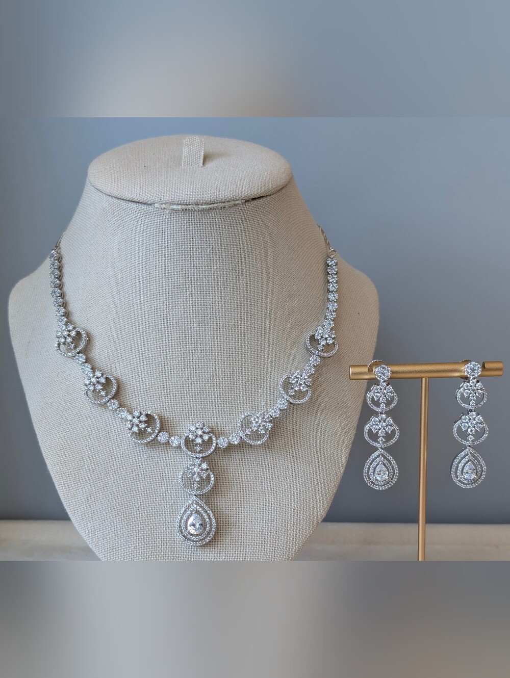 Silver Crystal Teardrop Necklace and Earring Set